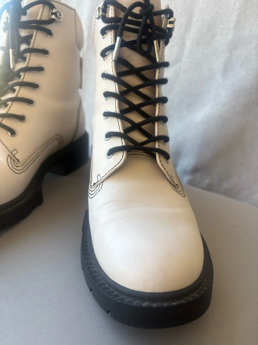 Coach White Leather Combat Boots with Black Laces - Picture 2 of 16